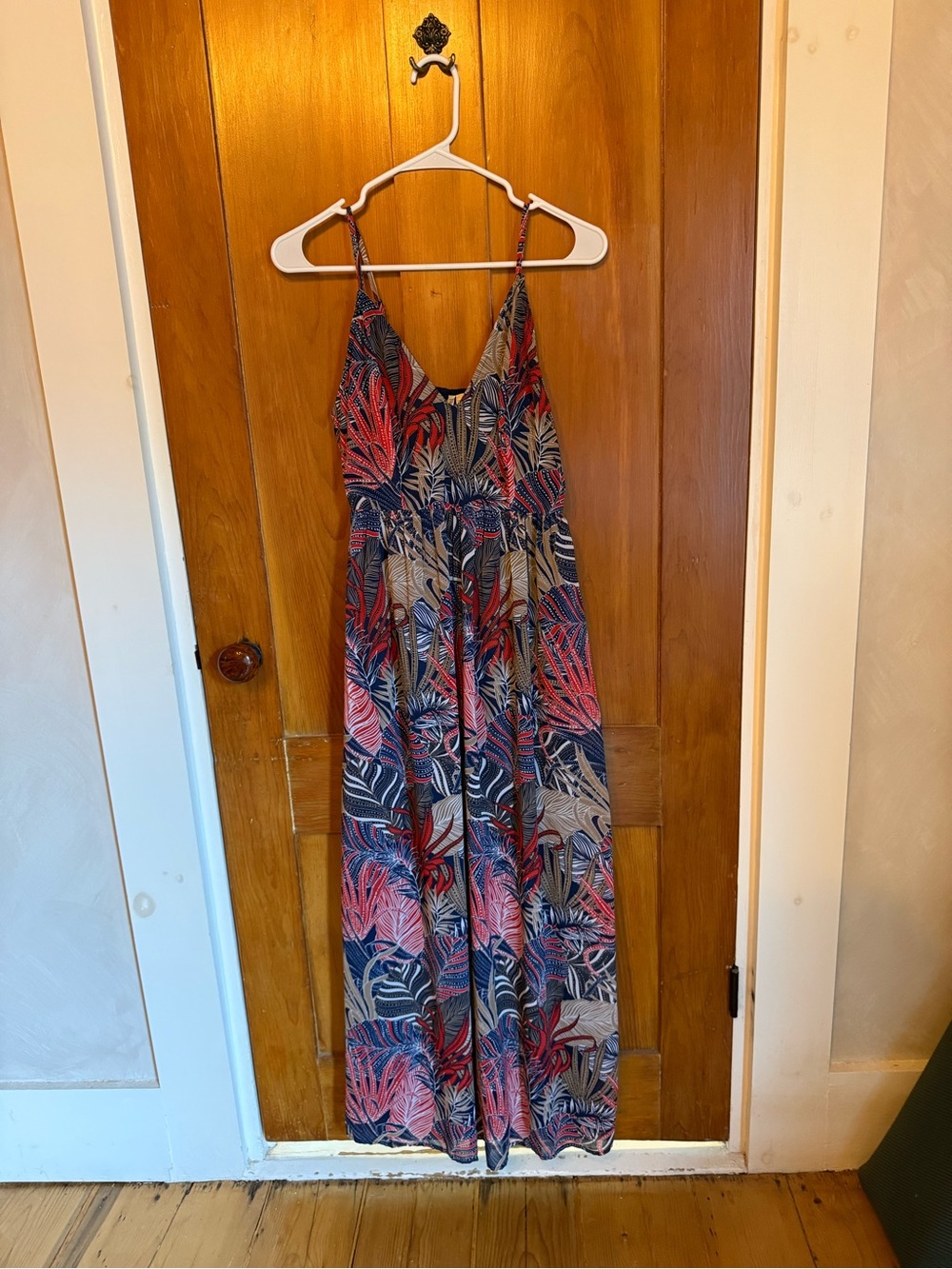 Navy and Red Tropical Leaf Maxi Dress